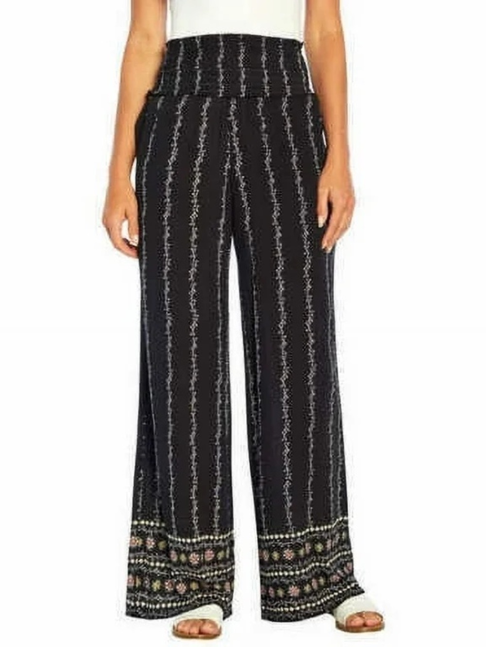 Three Dots Black Wide-Leg Pants with Border Print